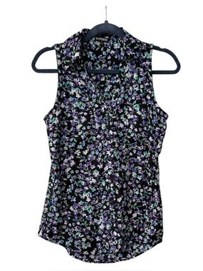 Express women’s XSP button up sleeveless floral black, purple, blue & green top